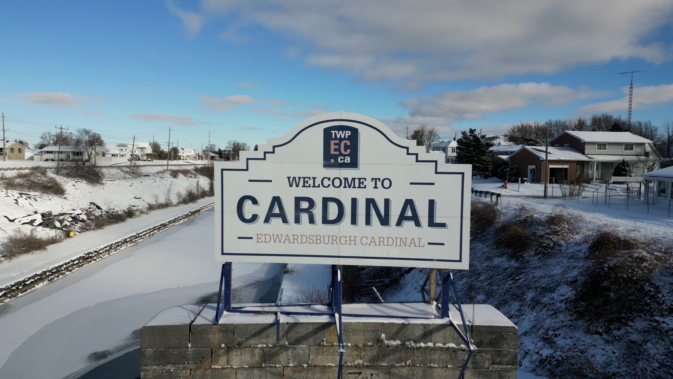 Winter aerial view at the entrance to Cardinal, Ontario
